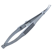 Shepard Curved Intraocular Lens Forceps Curved Up Shaft Serrated Upper And Lower Jaws 1.45mm X 2.0mm Respectively  Cross Action Design With Slide Lock Overall length: 3 1/2" (90mm) 